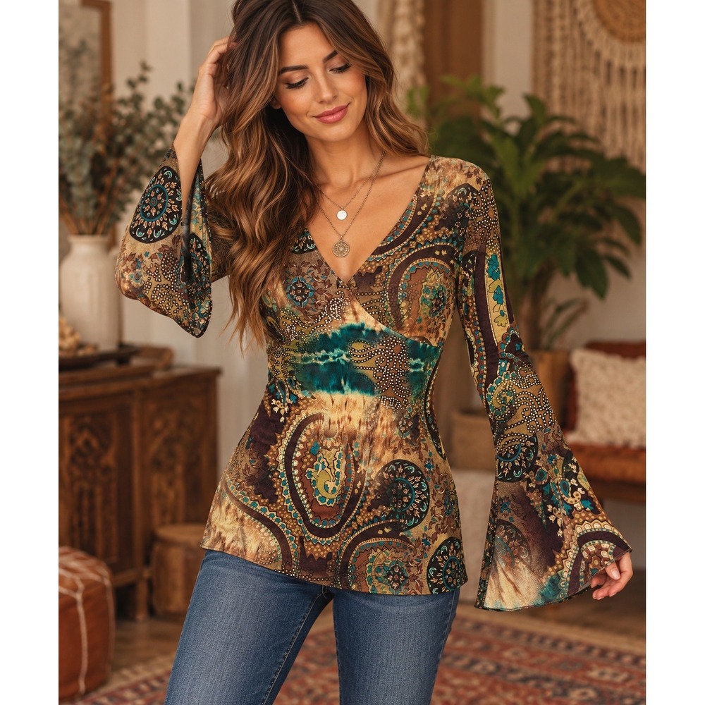 Susan Lawrence Y2K Boho Paisley Tunic Top M Bell Sleeve Whimsigoth Made USA